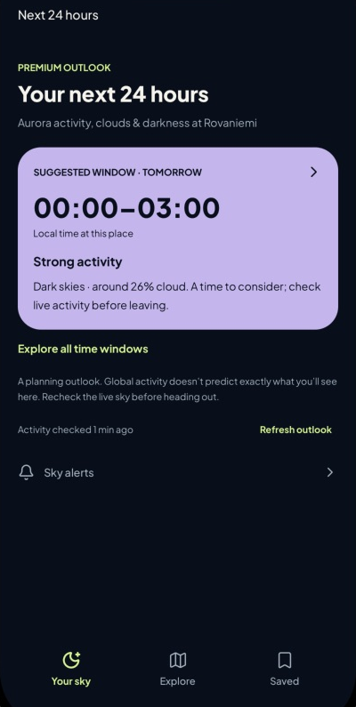 Example Aurora Signal Premium outlook with a suggested viewing window